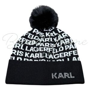 Karl Lagerfeld Black and White Logo Pom Beanie Hat